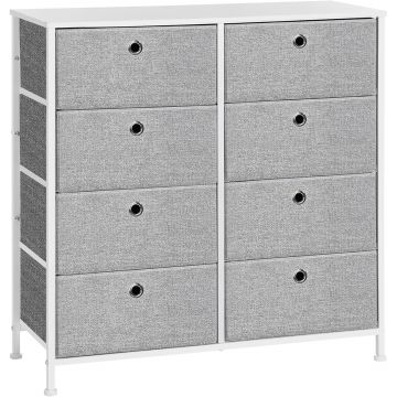 Comoda cu 8 sertare din material textil, cadru metalic si blat MDF, 80x30x81 cm, gri si alb
