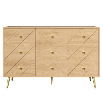 Comodă cu 9 sertare, cu mult spațiu de depozitare, modele geometrice, 120x39x80 cm, Culoare naturală
