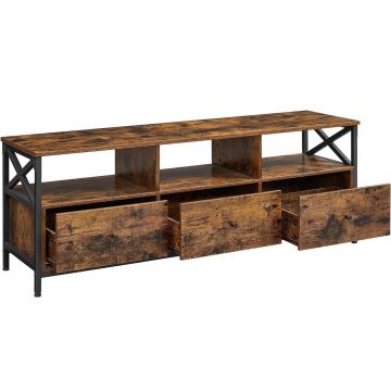 Comoda pentru TV de pana la 65 inch, cu 3 sertare si 3 rafturi deschise, 40x147x50cm, maro rustic si negru
