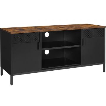 Comoda TV 120x40x55 cm, 3 rafturi reglabile, 2 usi, stil vintage, PAL si otel, maro-negru mat