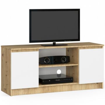 Comoda TV cu 2 usi si o polita, PAL laminat 16 mm, 120x40x55 cm, stejar artisan si alb