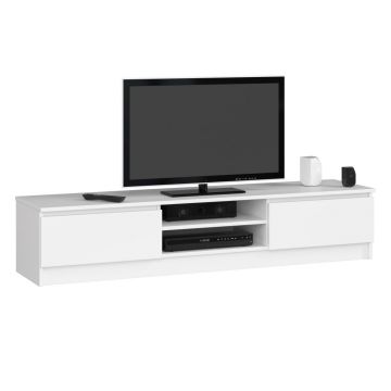 Comoda TV cu 2 usi si rafturi centrale, PAL laminat, 160x40x33 cm, alb mat