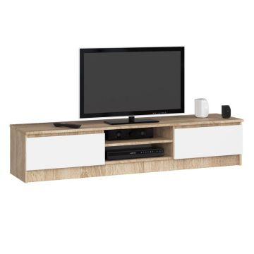 Comoda TV cu 2 usi si rafturi centrale, PAL laminat, 160x40x33 cm, stejar sonoma si alb