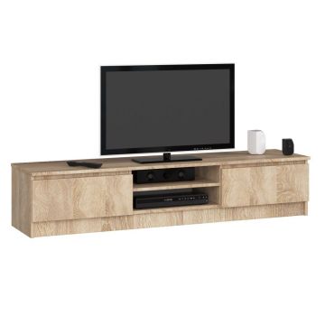Comoda TV cu 2 usi si rafturi centrale, PAL laminat, 160x40x33 cm, stejar sonoma