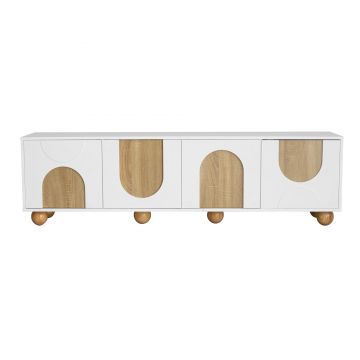 Comodă TV cu 4 uși, design minimalist cu aspect de lemn și finisaj alb, 175x38x50 cm, Culoare naturală+Alb