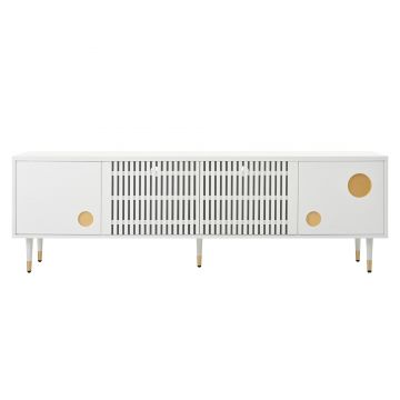 Comodă TV cu front din plasă metalică și accente aurii, 4 uși, 170x36x54 cm, Alb