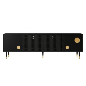 Comodă TV cu front din plasă metalică și accente aurii, 4 uși, 170x36x54 cm, Negru