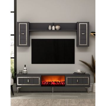 Comoda TV, Hanah Home, Orion Fireplace, 150x44.6x29.6 cm, PAL , Antracit / Argintiu