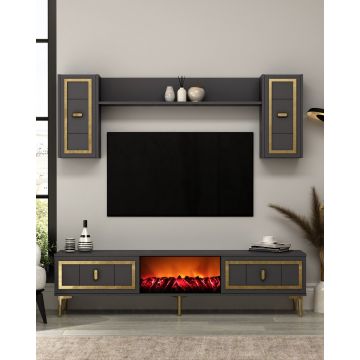 Comoda TV, Hanah Home, Orion Fireplace, 150x44.6x29.6 cm, PAL , Antracit / Aur