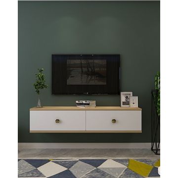 Comoda TV, Hanah Home, Zuzu 120, 120x25.8x29.6 cm, PAL , Stejar Safir / Alb / Auriu