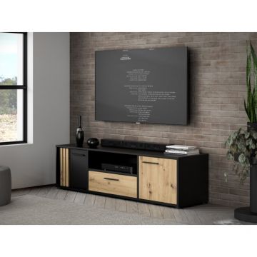 Comoda Tv Mare Cordega, Negru Si stejar Artisan, 162.6 Cm