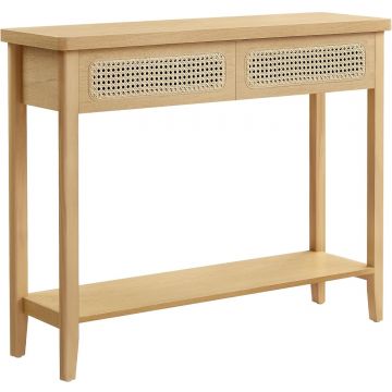 Consola hol 100x30x80 cm, 2 sertare, raft deschis, colturi rotunjite, stil boho, MDF si ratan PVC, bej stejar