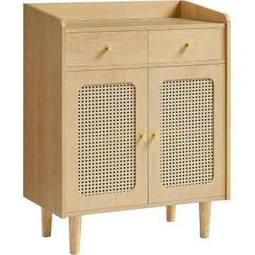 Dulap 70x40x90 cm, cu 2 sertare, raft reglabil si usi duble, MDF si lemn masiv, stil boho, stejar bej