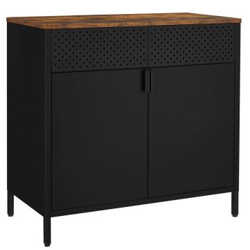 Dulap de depozitare 80x40x76 cm, negru si maro rustic, stil industrial, otel si PAL, cu 2 usi, 1 sertar si panou perforat
