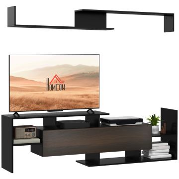 HOMCOM Ansamblu mobilier TV cu banc și raft de perete stil contemporan 153,6L cm - negru | Aosom Romania HOMCOM Ansamblu mobilier TV cu banc și raft de perete stil contemporan 153,6L cm - negru | Aosom Romania