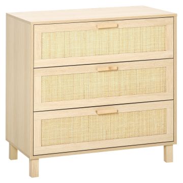 HOMCOM Casetiera cu 3 din lemn si ratan pentru camera de zi si dormitor, 80x40x80cm Culoare Lemn Natural | AOSOM.ro