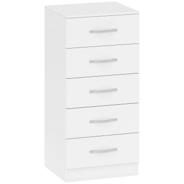 HOMCOM Comodă cu 5 Sertare, Design Modern, Slim, cu Mânere Argintii, Ideală pentru Dormitor, Cameră, Hol sau Living, Dimensiuni 40x35x85 cm, Alb | Aosom Romania
