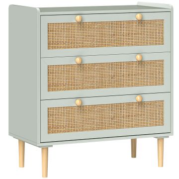 HOMCOM Comodă design boho din ratan cu 3 sertare, mobilier de depozitare pentru living, hol, intrare, verde măsliniu | Aosom Romania