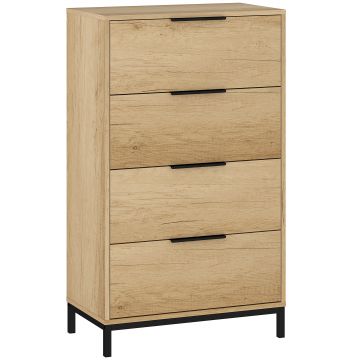 HOMCOM Comodă înaltă pentru dormitor cu 4 sertare, mânere metalice, comodă îngustă pentru living/hol 62x35x105 cm Natural | Aosom Romania