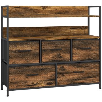 HOMCOM Comodă, mobilier de depozitare, 5 sertare din material textil pliabile și detașabile și rafturi, 98 x 29 x 85 cm, maro rustic | Aosom Romania