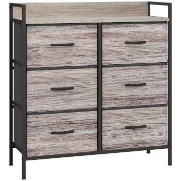 HOMCOM Comodă, mobilier de depozitare pentru dormitor cu 6 sertare din material nețesut, cadru din oțel, 79 x 29 x 85 cm, efect lemn gri | Aosom Romania