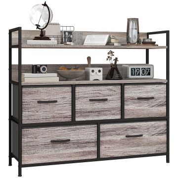HOMCOM Mobilier de depozitare stil industrial comoda 5 sertare din material textil pliabile și detașabile și rafturi - 98l x 29P x 85H cm | Aosom Romania HOMCOM Mobilier de depozitare stil industrial comoda 5 sertare din material textil pliabile și detașabile și rafturi - 98l x 29P x 85H cm | Aosom Romania