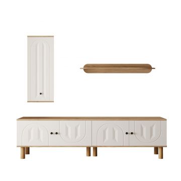 Set mobilier living 3 piese, compus din dulap înalt, comodă joasă și etajeră de perete, Culoare naturală