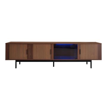 TV-Lowboard cu iluminare LED, 3 uși cu textură sculptată, mult spațiu de depozitare, 200x35x53 cm, Culoare naturală