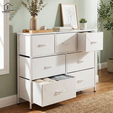 Comoda Elindor® cu 7 Sertare, Cadru Metalic, Blat Lemn, Sertare Textil, pentru Dormitor, Living, Depozitare Haine, Jucarii, Accesorii, 100 × 30 × 77 cm, Alb - Default Title