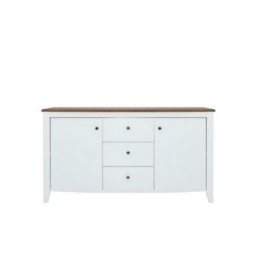 Comodă Kalio KOM2D3S, cu 2 uși, 3 sertare spațioase, PAL/Lemn Salcâm, 163x41.5x91 cm, Alb Lucios/Salcâm Auriu