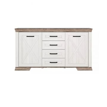 Comodă Marsel KOM2D4S, 2 uși și 4 sertare, design minimalist, MDF și PAL, 166x89x45 cm, alb frasin