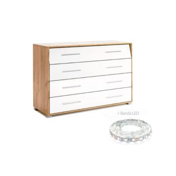 Comodă Nicky, Cu 4 Sertare Și Design Elegant, PAL, 80.5x120x45 cm, Alb-Stejar