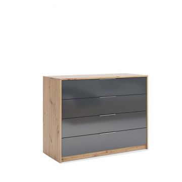 Comodă Raymond, 3 sertare încăpătoare, finisaj stejar-gri, 85x110x45 cm