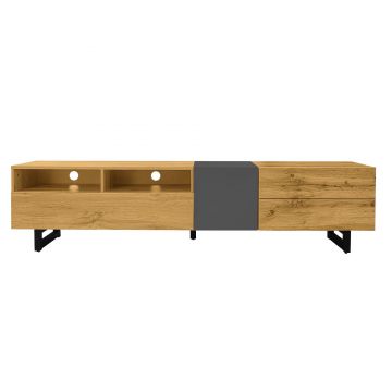 Comodă TV cu 3 uși și 2 compartimente, picioare metalice tip U, 170x36,5x42 cm, Culoare naturală