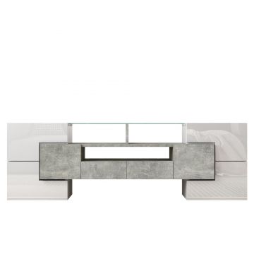 Dulap TV cu iluminare LED, suprafețe din sticlă, cu 6 uși, 2 sertare și 3 compartimente, 145x30x51 cm, Alb+Gri