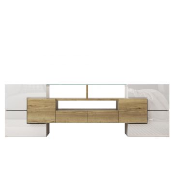 Dulap TV cu iluminare LED, suprafețe din sticlă, cu 6 uși, 2 sertare și 3 compartimente, 145x30x51 cm, Alb+Natur.