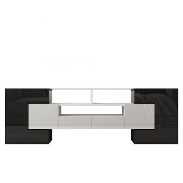 Dulap TV cu iluminare LED, suprafețe din sticlă, cu 6 uși, 2 sertare și 3 compartimente, 145x30x51 cm, Alb+Negru