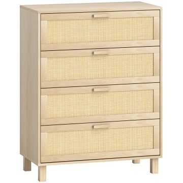 HOMCOM Comodă 4 sertare cannage din ratan dim. 80L x 40l x 103H cm MDF Aspect Lemn Deschis | Aosom Romania