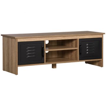 HOMCOM Comodă TV 110 cm, Design Industrial, cu 2 dulapuri, 2 nișe, 2 orificii pentru cabluri, Aspect lemn cu vene, Uși metal negre | Aosom Romania