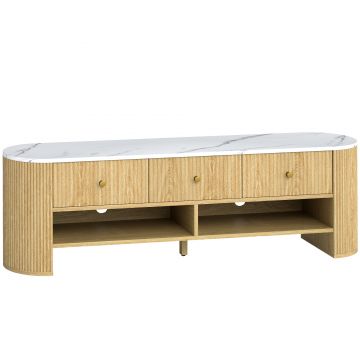 HOMCOM Comodă TV 140 cm, mobilier pentru televizor 165 cm cu aspect de marmură 3 sertare fețe canelate aspect lemn natural | Aosom Romania
