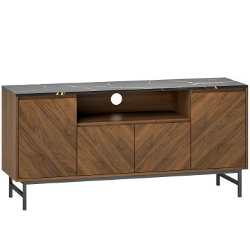 HOMCOM Comodă TV pentru televizoare până la 165,1 cm comodă TV din lemn cu compartiment deschis și orificiu pentru cabluri, efect marmură, 140x39x66cm, nuc | Aosom Romania
