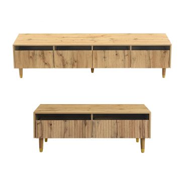 Set mobilier LED modern, comodă TV cu 4 uși & masă de cafea cu 2 sertare, 178x35x45+110x50x40 cm, Culoare naturală