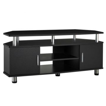 Comoda TV moderna HOMCOM, cu 2 compartimente inchise, raft, blat, benzi antiderapante, picioare din otel inox, din lemn, negru | Aosom Romania