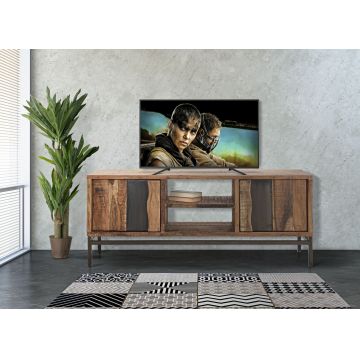 Comoda TV din lemn de salcam si metal, cu 2 usi, Yellowstone Medium Natural, l145xA40xH60 cm